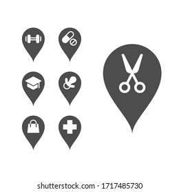 Vector flat icon of the location of a sports club, pharmacy, hairdresser, kindergarten, school, university, shopping center. geotag.