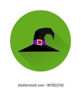 Vector flat icon with long shadow. Witch hat on green background. Element for design.