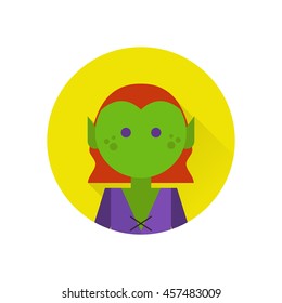 Vector flat icon with long shadow. Illustration of green redhair monster. Element for design on white background. Yellow, orange, purple colors.