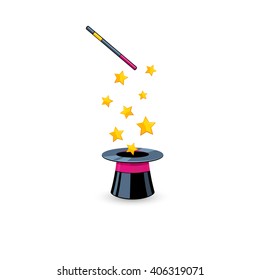 Vector Flat Icon Of Magic Hat And Wand. Magic Trick Icon Isolated.