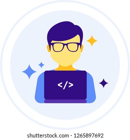 Vector flat icon of male with laptop and eyeglasses, cypherpunk concept illustration