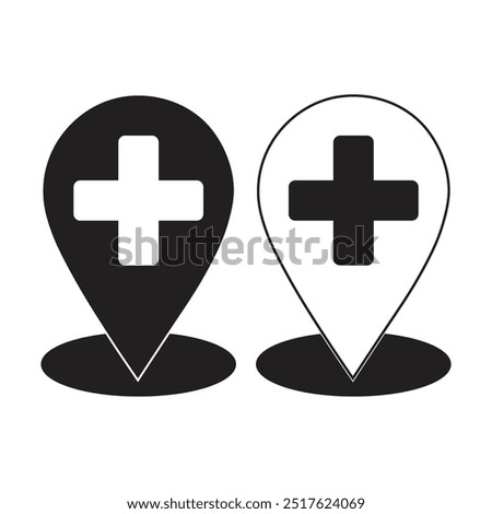 vector flat icon of map pin with medical plus symbol	