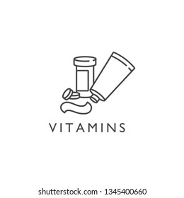 Vector flat icon of medical bottle of pills, vitamins, capsules, lozenges. Medication care for the human body. Vitamin course