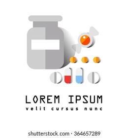 Vector flat icon of medical bottle of pills, vitamins, capsules, lozenges. Medication care for the human body. Vitamin course