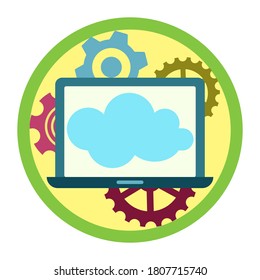 vector flat icon of a mobile application, the image of a cloud on a laptop monitor on a background of gears on a yellow circle with a green rim,eps 10, isolated on white