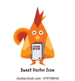 Vector flat icon for mobile, computer, web. Illustration of red rooster with phone book. Kawaii cartoon bird, poultry. Flat symbol of chinese 2017 year, isolated on white background