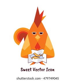 Vector flat icon for mobile, computer, web. Illustration of red rooster with travel, touristic map. Kawaii cartoon bird, poultry. Flat symbol of chinese 2017 year, isolated on white background