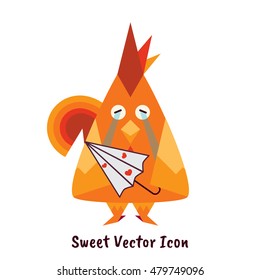 Vector flat icon for mobile, computer, web. Illustration of red rooster with umbrella, sign of weather. Kawaii cartoon bird, poultry. Flat symbol of chinese 2017 year, isolated on white background