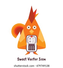 Vector flat icon for mobile, computer, web. Illustration of red rooster with mathematics pocket calculator. Kawaii cartoon bird, poultry. Flat symbol of chinese 2017 year, isolated on white background