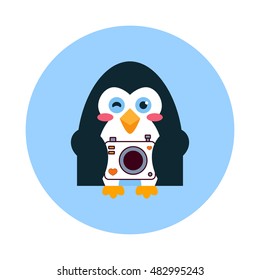Vector flat icon for mobile, computer, web. Illustration of cute penguin with photo camera. Kawaii cartoon bird. Flat symbol, isolated on white background