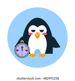 Vector flat icon for mobile, computer, web. Illustration of cute penguin with touristic, travel compass. Kawaii cartoon bird. Flat symbol, isolated on white background