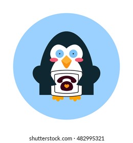 Vector flat icon for mobile, computer, web. Illustration of cute penguin with retro telephone. Kawaii cartoon bird. Flat symbol, isolated on white background