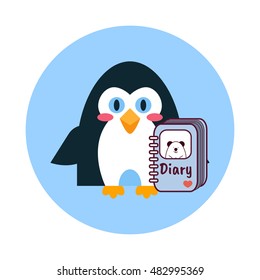 Vector flat icon for mobile, computer, web. Illustration of cute penguin with diary, notebook. Kawaii cartoon bird. Flat symbol, isolated on white background