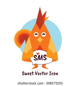 Vector flat icon for mobile, computer, web. Illustration of red rooster with cloud for message, SMS. Kawaii cartoon bird, poultry. Flat symbol of chinese 2017 year, round blue button