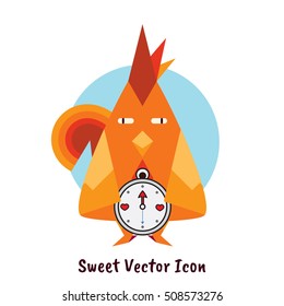 Vector flat icon for mobile, computer, web. Illustration of red rooster with touristic, travel compass. Kawaii cartoon bird, poultry. Flat symbol of chinese 2017 year, round blue button