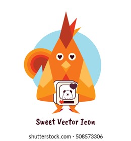 Vector flat icon for mobile, computer, web. Illustration of red rooster with photo, sign of gallery. Kawaii cartoon bird, poultry. Flat symbol of chinese 2017 year, round blue button