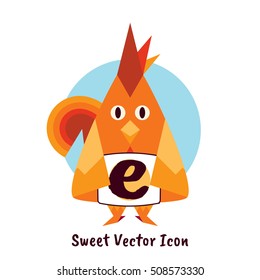 Vector flat icon for mobile, computer, web. Illustration of red rooster for internet browser. Kawaii cartoon bird, poultry. Flat symbol of chinese 2017 year, round blue button