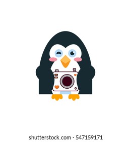 Vector flat icon for mobile, computer, web. Illustration of cute penguin with photo camera. Kawaii cartoon bird. Flat symbol, isolated on white background