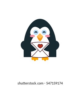 Vector flat icon for mobile, computer, web. Illustration of cute penguin with envelope, sign of post, email. Kawaii cartoon bird. Flat symbol, isolated on white background