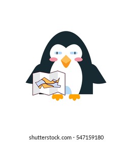 Vector flat icon for mobile, computer, web. Illustration of cute penguin with travel, touristic map. Kawaii cartoon bird. Flat symbol, isolated on white background