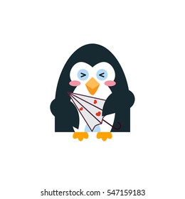 Vector flat icon for mobile, computer, web. Illustration of cute penguin with umbrella, sign of weather. Kawaii cartoon bird. Flat symbol, isolated on white background