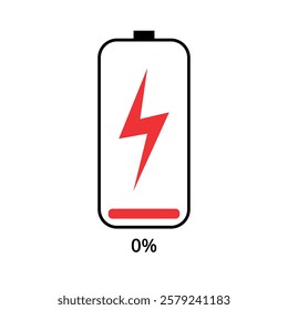 Vector flat icon of mobile phone battery charging for websites and graphic resources, 0% charged.