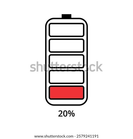 Vector flat icon of mobile phone battery charging for websites and graphic resources, 20% charged.