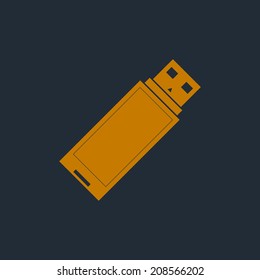 Vector flat icon of orange flash drive. Removable storage memory that plugs in usb socket of pc, rectangle shape. Wireless information transition through serial usb port. Key for signage IT products.