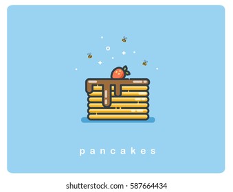 Vector flat icon of pancakes with chocolate syrup and strawberries, cartoon food icon 