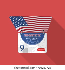Vector flat icon of Patriot Day flip-flop calendar with label, date, american flag on the red background with shadow.