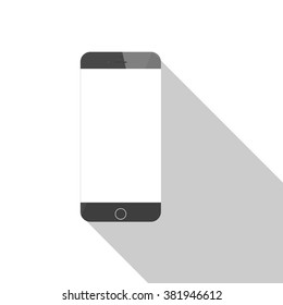 Vector flat icon of phone. Phone flat on the background with shadow. White screen. 
Phone template. Phone concept.