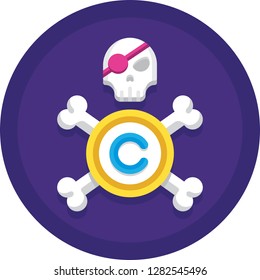 Vector flat icon of pirate skull and copyright symbol. Intellectual piracy illustration concept.