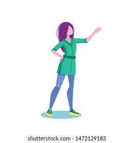 vector flat icon of a pretty girl in uniform in green gym shoes with laces that points with her hand, office manager, speaker at the conference, medical worker at work isolated on white eps 10