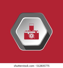 Vector flat icon of red vintage camera silhouette with flash on the hexagon gradient gray background.