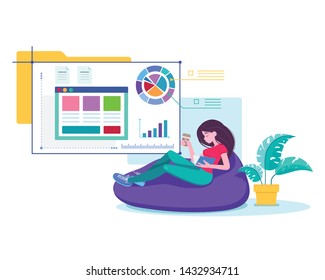 Vector flat icon with a resting girl with a cup of coffee in hand and a book, against the background of computer graphs and charts, folder, businessman manager, office work, Working from home geek eps