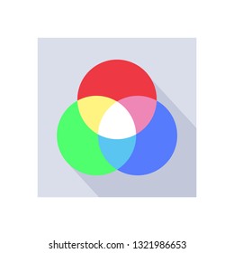 Vector flat icon of rgb additive color mix theory with primary lights – red, green and blue colors with dark shadow on a light gray background. Illustration is isolated on a white background.