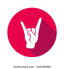 Vector flat icon "Rock n roll". Sign with hand. Communication symbol. White hand with gesture on green round background isolated on white. Web button. Mood sticker. Modern illustration