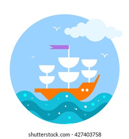 Vector flat icon with sail boat in the sea