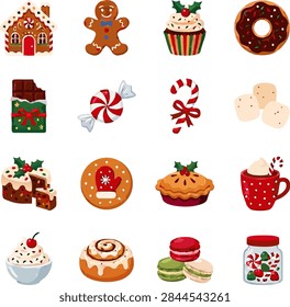 Vector flat icon set of Christmas treats and winter desserts featuring gingerbread house, gingerbread man, cupcake, donut, chocolate, peppermint candy, candy cane, fruitcake, pie, cinnamon roll, macarons, and candy jar.