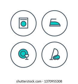 Vector flat icon set for cleaning service agency. Flat outline white and blue icons. Washing (drying) machine, iron, dishwashing and vacuum cleaner. Design element for cleaning company advertising.