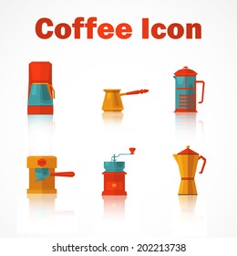 Vector flat icon set of coffee making element. coffee pot, ibrik, coffeemaker, coffee-machine for your Design