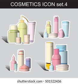 Vector flat icon set. Cute cosmetics, beauty icons with long shadow, flat paper style. Flat bottle for shampoo, cream, deodorant, skincare elements