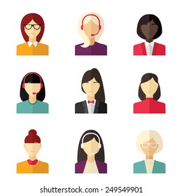 Vector flat icon set. Different people character, female, girl, business woman, technical support