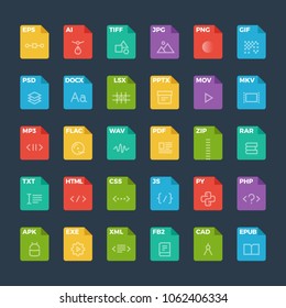 Vector flat icon set of file formats with outline icons.