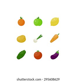 Vector flat icon set of fresh vegetables and fruits. Orange, apple, lemon, potato, onion, carrot, cucumber, tomato, eggplant.