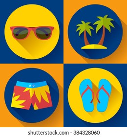 Vector flat icon set Illustration of Mens articles of clothing for the Summer and Beach