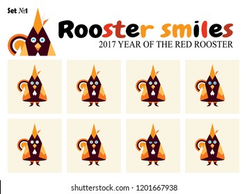 Vector flat icon set. Kawaii roosters, chickens smiles with different face expression. Abstract animal, flat bird smiles. Happy, fun, shy, sly, grumpy, scared face. Cartoon character, set 1