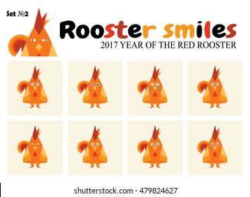Vector flat icon set. Kawaii roosters, chickens smiles with different face expression. Abstract animal, flat bird smiles with chinese new year symbol. Cartoon character, red, orange colors, set 2