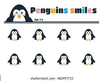 Vector flat icon set. Kawaii penguins smiles with different face expression, muzzles. Abstract animal, flat bird smiles. Cartoon character, black, blue, while, yellow colors, set 1