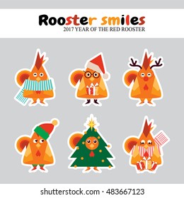 Vector flat icon set. Kawaii roosters, chickens smiles with different face expression. Abstract animal, flat bird smiles. Santa Claus, Deer, Elf, Christmas tree, winter chicken cartoon character